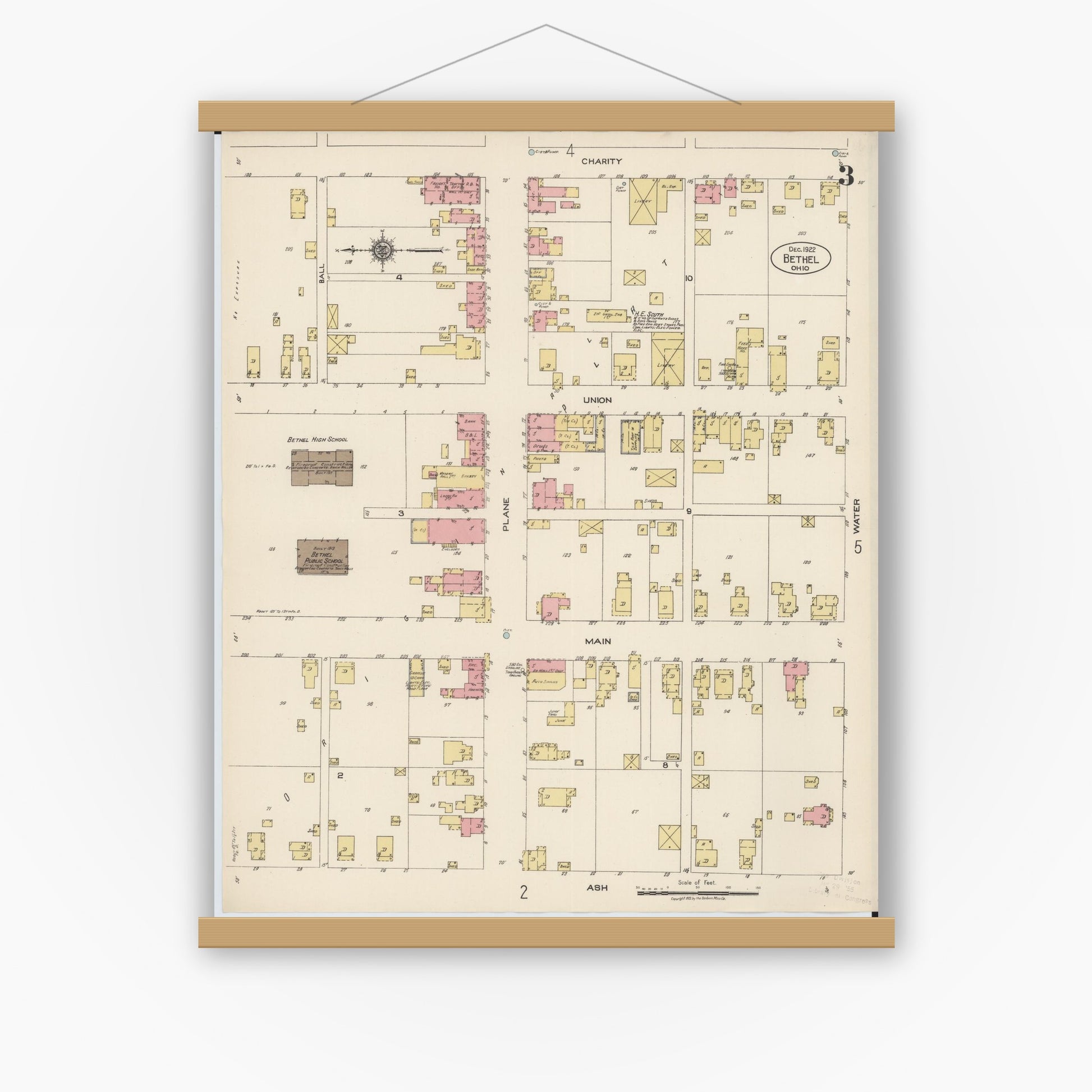 Old map wall art mockup — magnetic wood frame on white wall — Sanborn Fire Insurance Map from Bethel, Clermont County, Ohio (1922), Sheet #0003