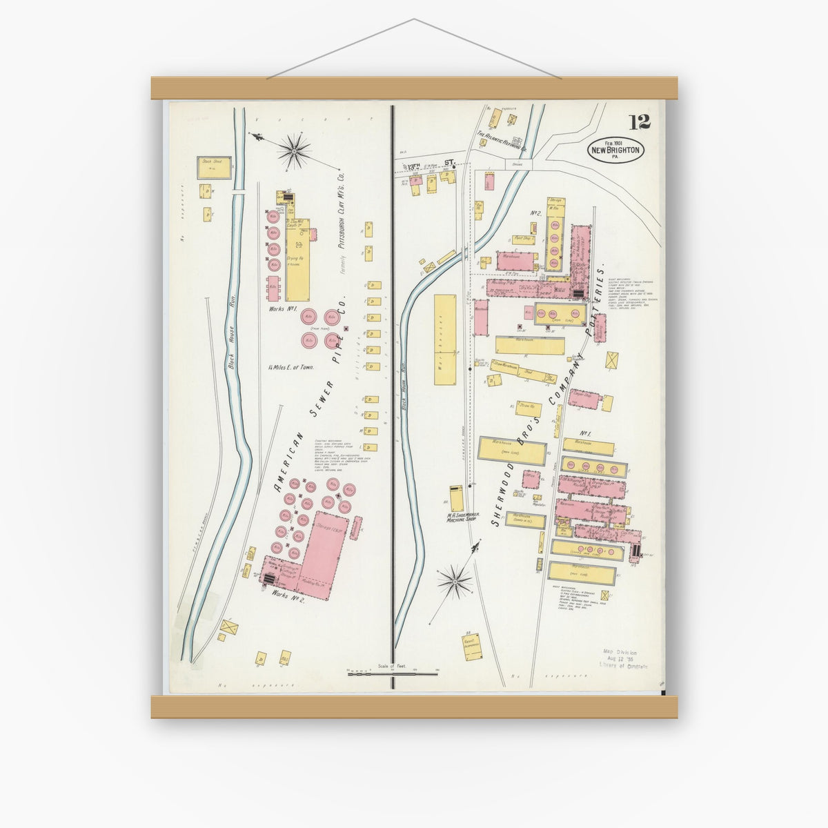 Old map wall art mockup — magnetic wood frame on white wall — Sanborn Fire Insurance Map from New Brighton, Beaver County, Pennsylvania (1901), Sheet #0012