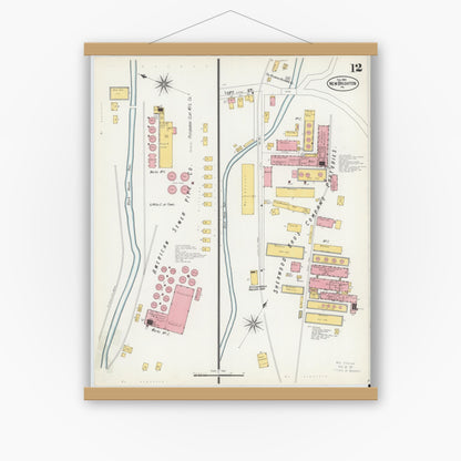 Old map wall art mockup — magnetic wood frame on white wall — Sanborn Fire Insurance Map from New Brighton, Beaver County, Pennsylvania (1901), Sheet #0012