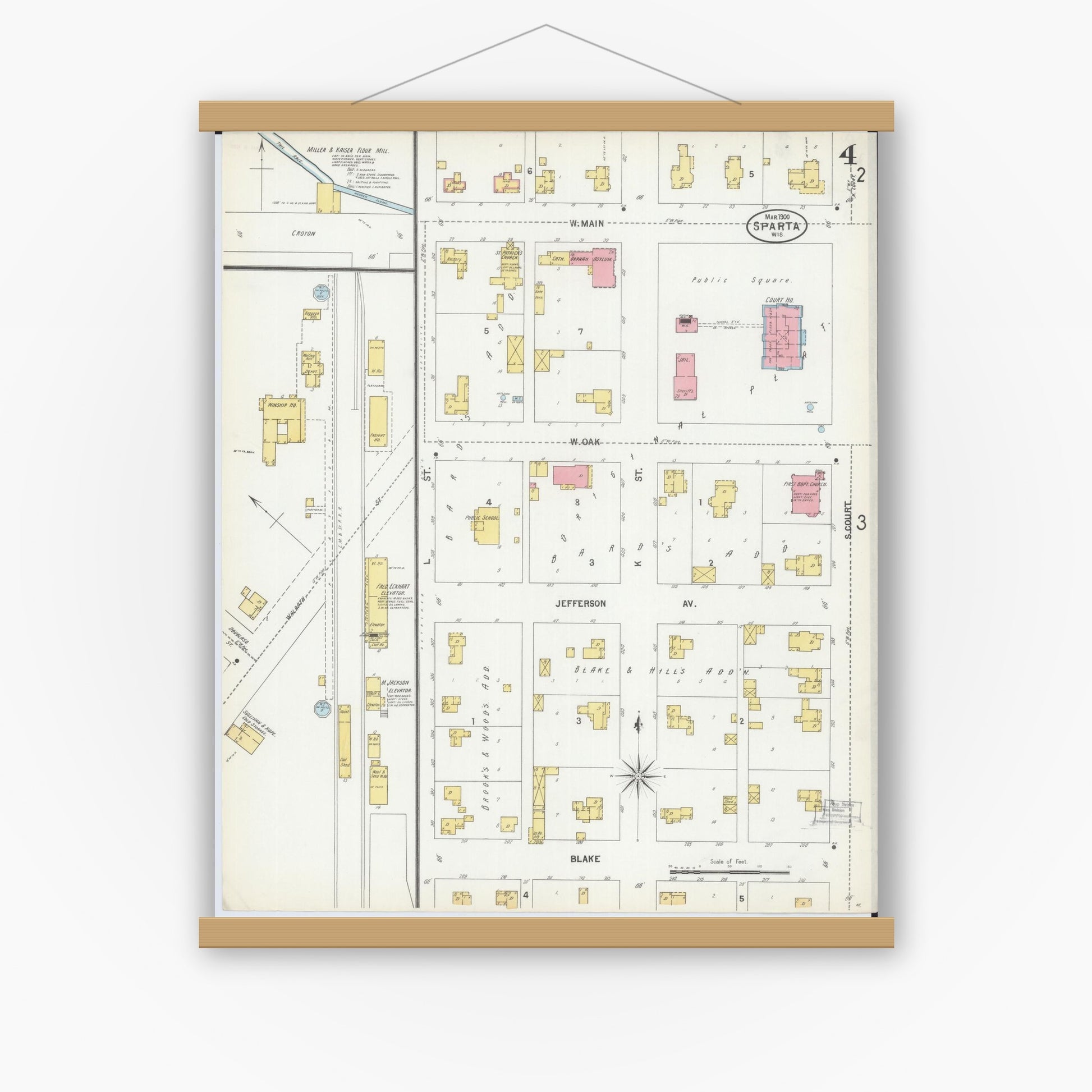 Old map wall art mockup — magnetic wood frame on white wall — Sanborn Fire Insurance Map from Sparta, Monroe County, Wisconsin (1900), Sheet #0004