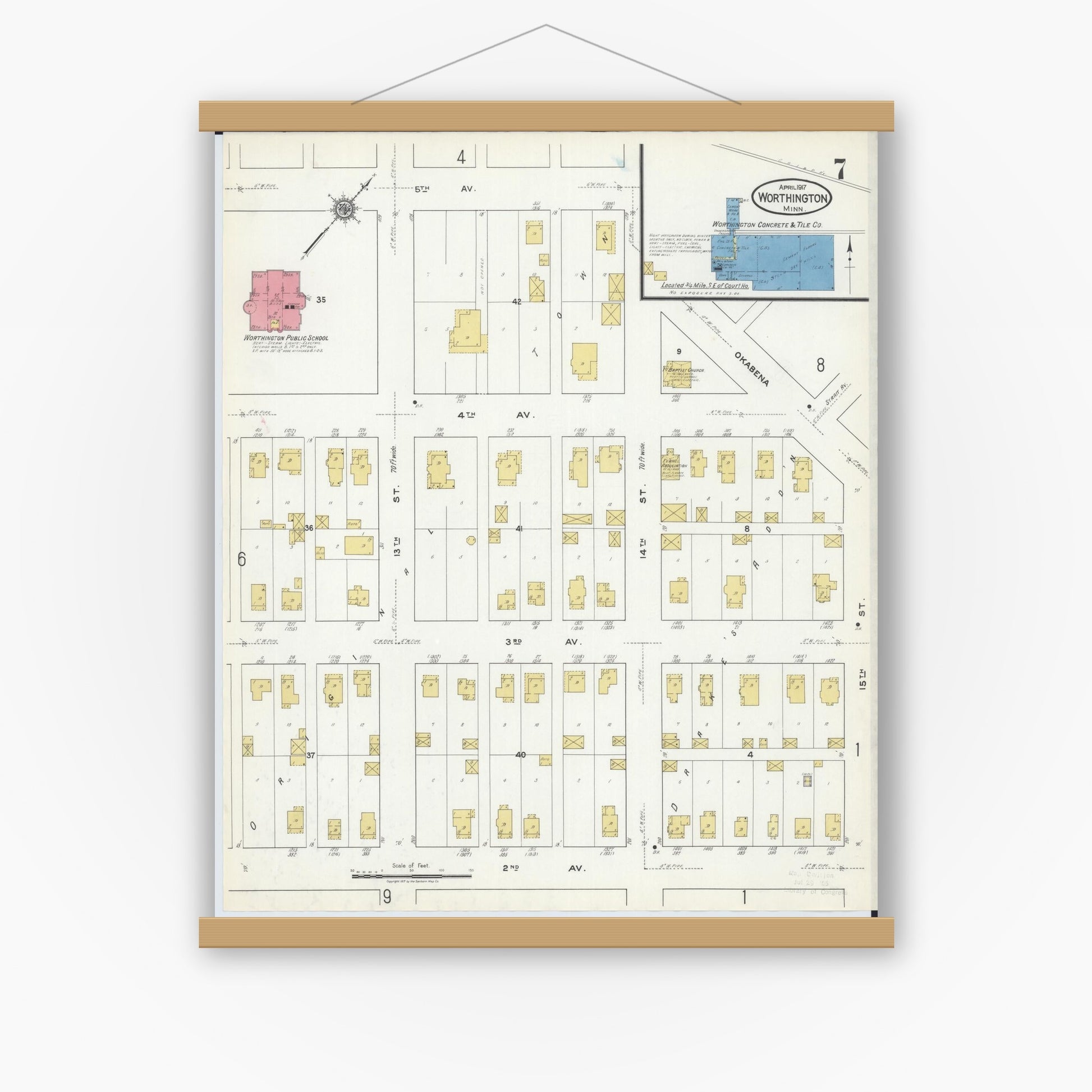 Old map wall art mockup — magnetic wood frame on white wall — Sanborn Fire Insurance Map from Worthington, Nobles County, Minnesota (1917), Sheet #0007