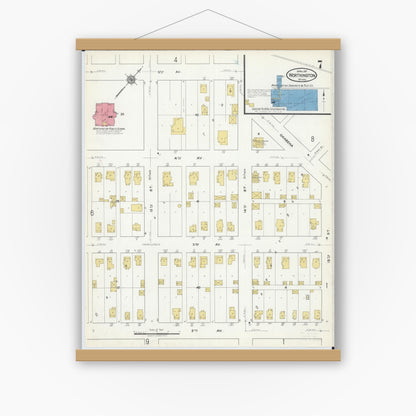 Old map wall art mockup — magnetic wood frame on white wall — Sanborn Fire Insurance Map from Worthington, Nobles County, Minnesota (1917), Sheet #0007