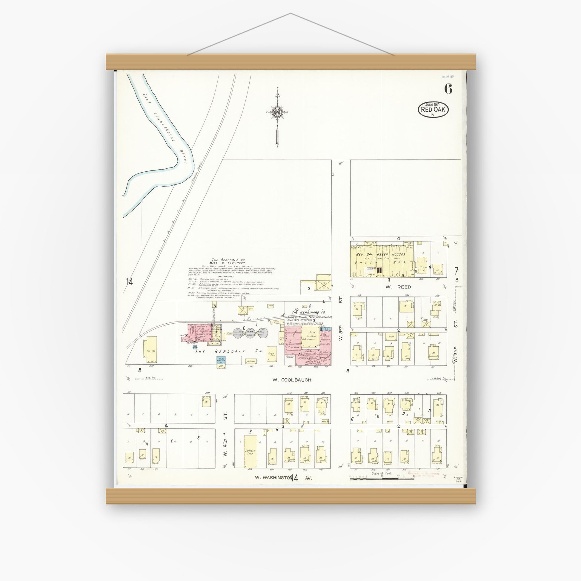 Old map wall art mockup — magnetic wood frame on white wall — Sanborn Fire Insurance Map from Red Oak, Montgomery County, Iowa (1914), Sheet #0006