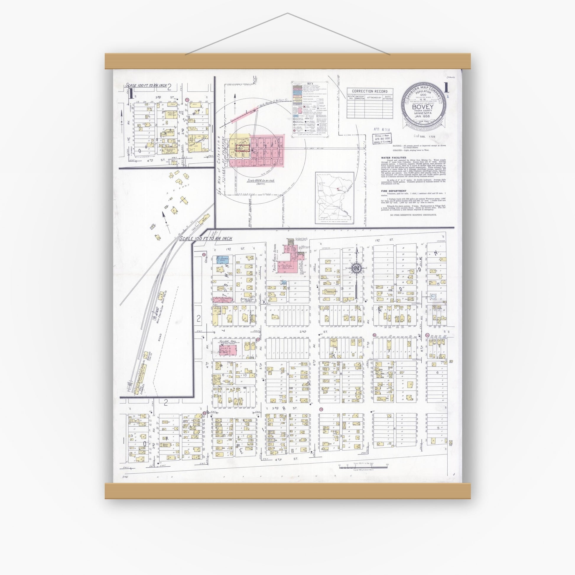 Old map wall art mockup — magnetic wood frame on white wall — Sanborn Fire Insurance Map from Bovey, Itasca County, Minnesota (1938) - Complete Map Set