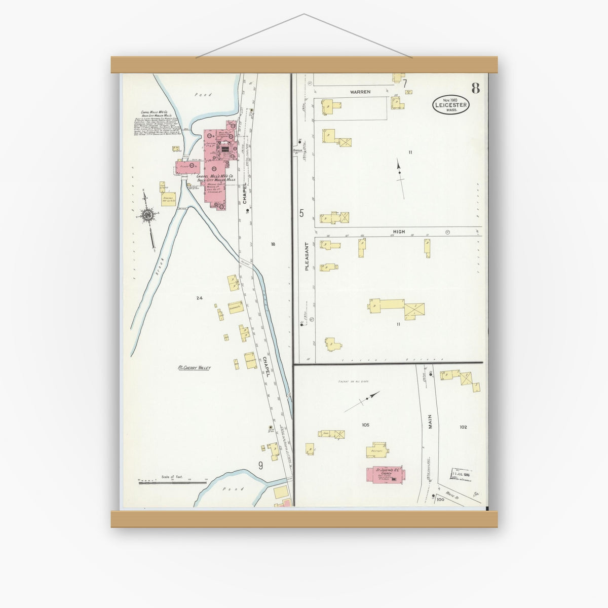 Old map wall art mockup — magnetic wood frame on white wall — Sanborn Fire Insurance Map from Leicester, Worcester County, Massachusetts (1910), Sheet #0008