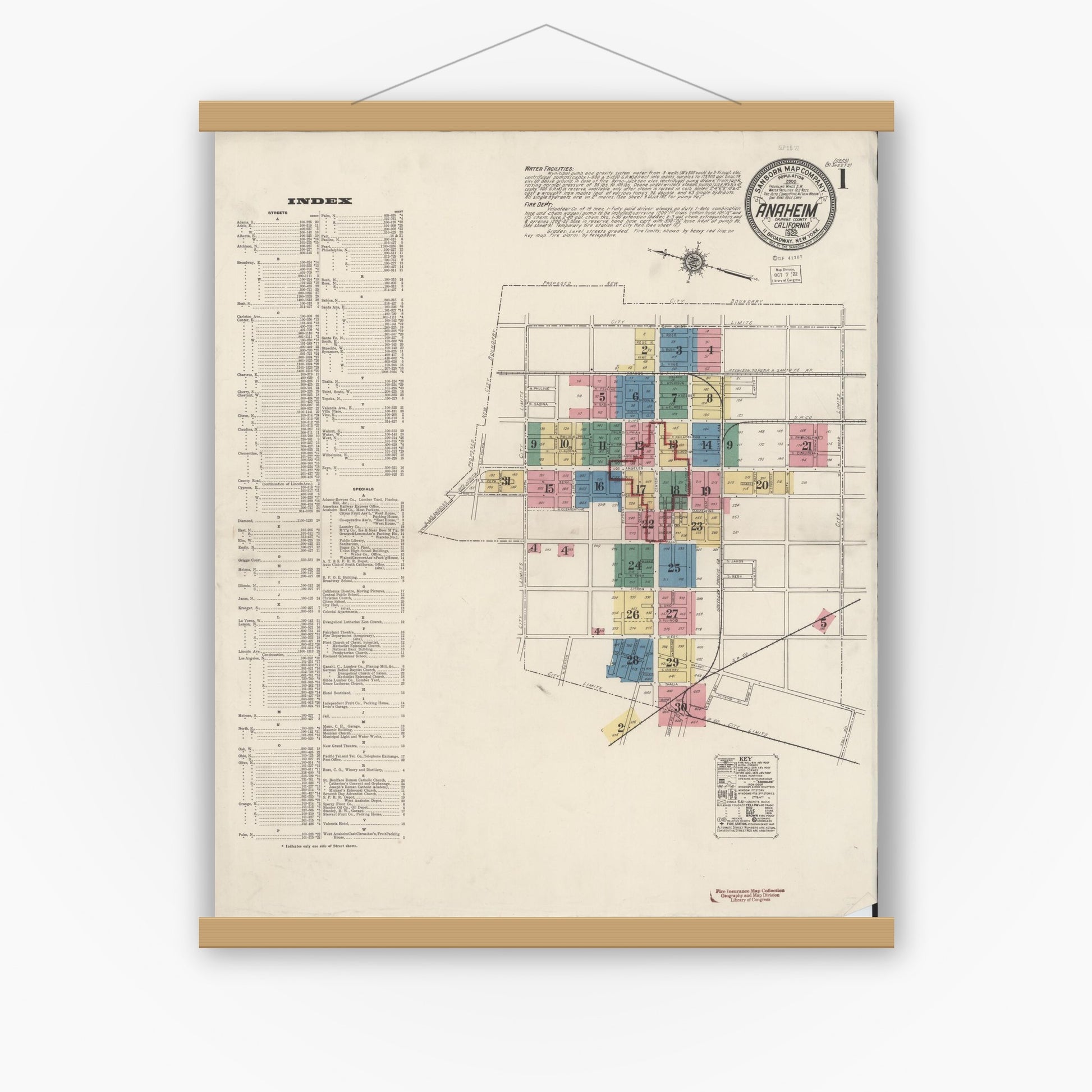 Old map wall art mockup — magnetic wood frame on white wall — Sanborn Fire Insurance Map from Anaheim, Orange County, California (1922), Sheet #0001