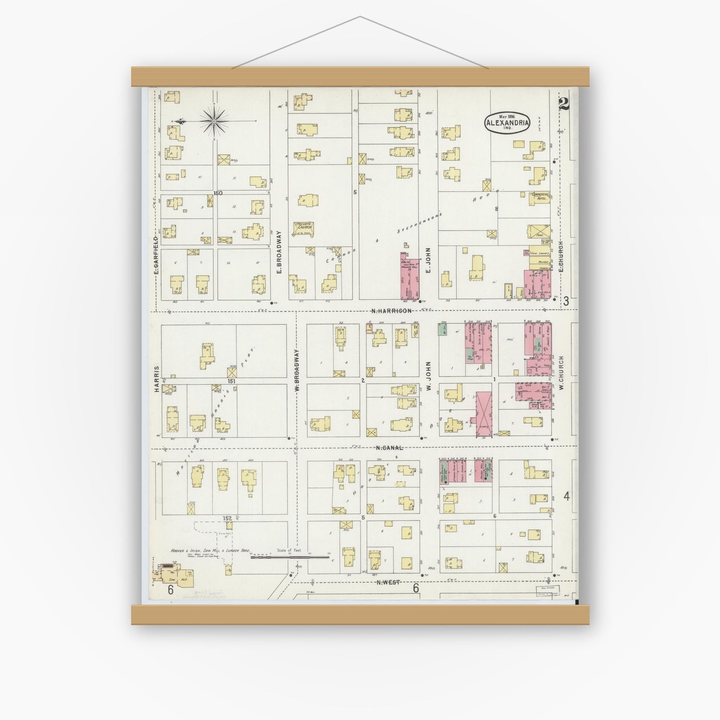 Old map wall art mockup — magnetic wood frame on white wall — Sanborn Fire Insurance Map from Alexandria, Madison County, Indiana (1896), Sheet #0002