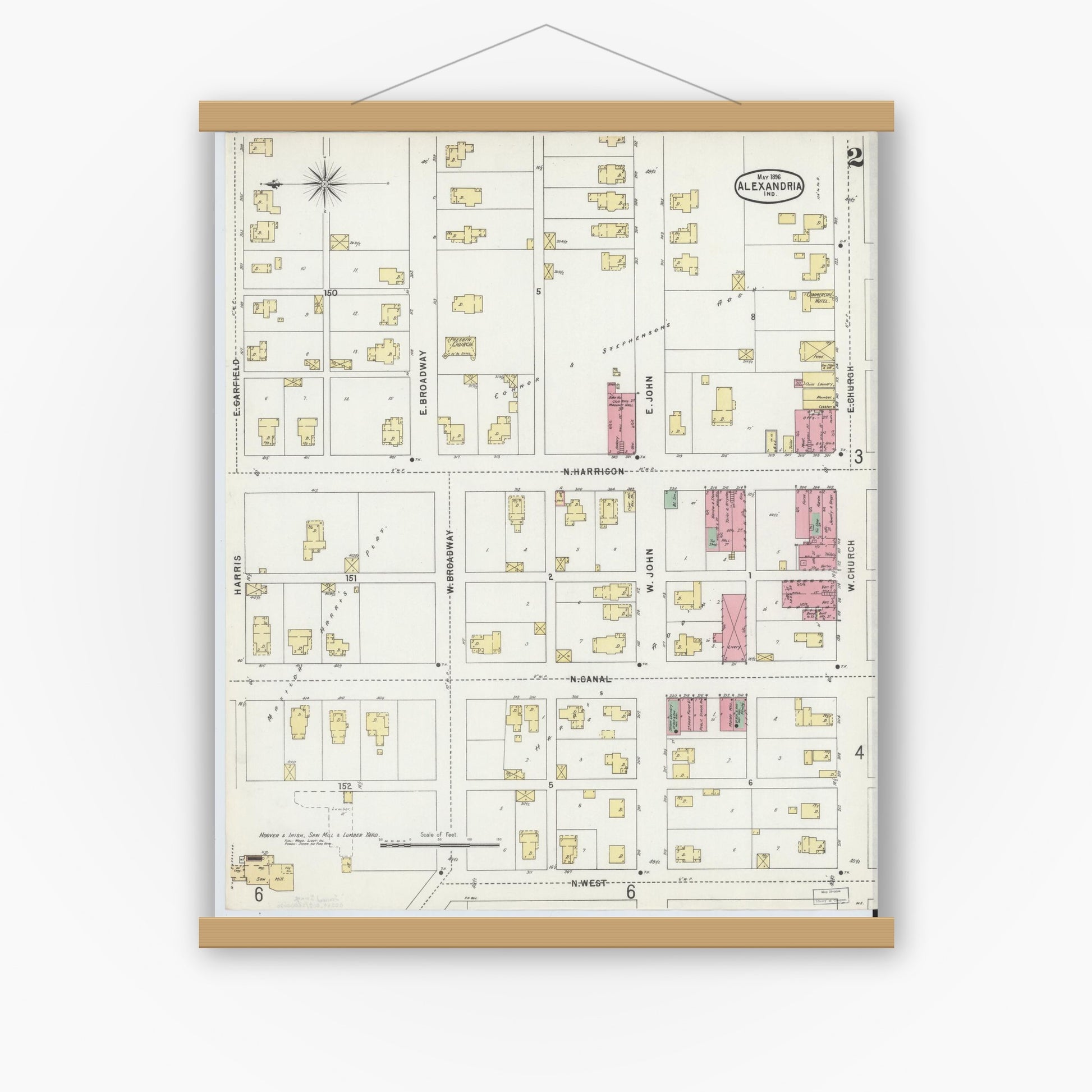 Old map wall art mockup — magnetic wood frame on white wall — Sanborn Fire Insurance Map from Alexandria, Madison County, Indiana (1896), Sheet #0002