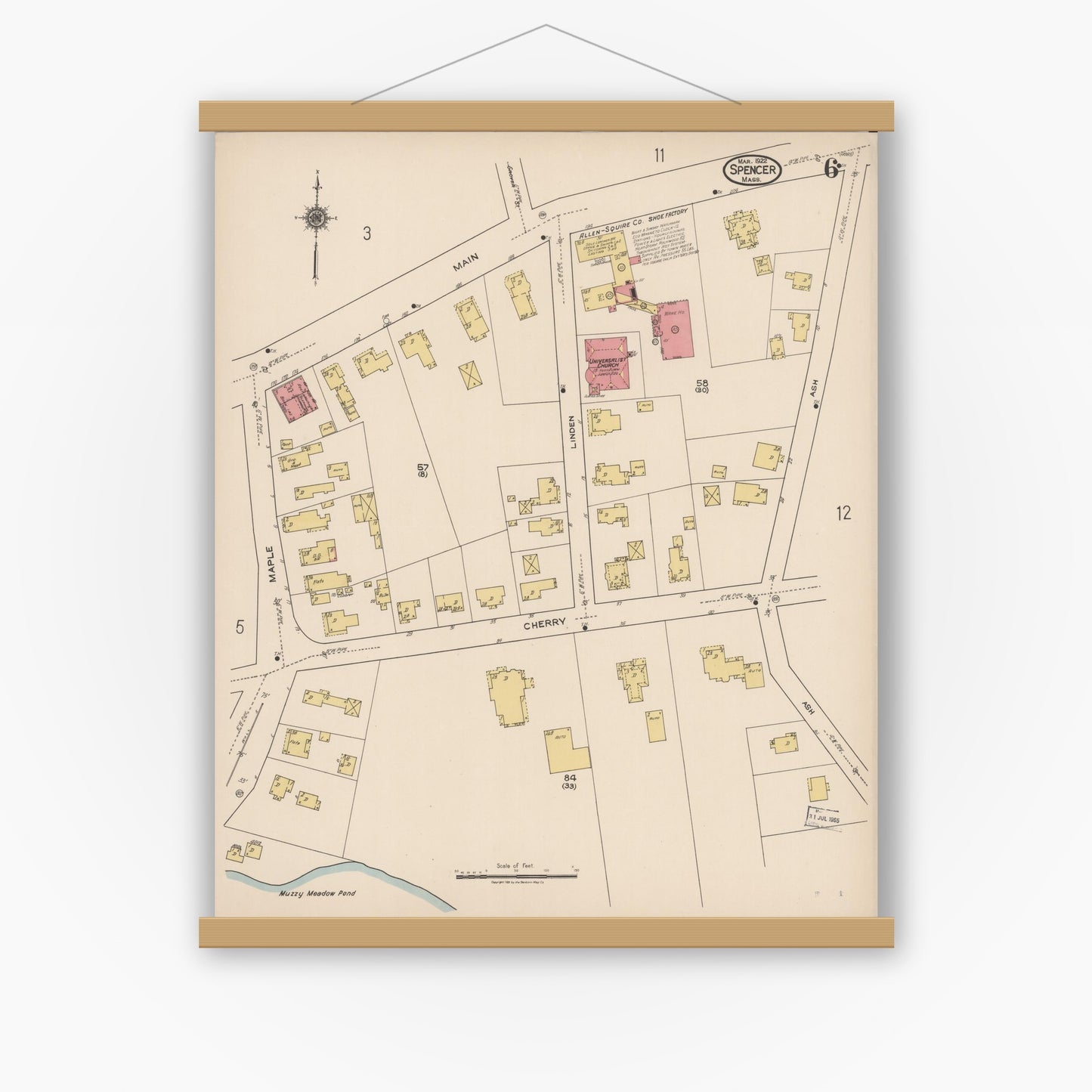 Old map wall art mockup — magnetic wood frame on white wall — Sanborn Fire Insurance Map from Spencer, Worcester County, Massachusetts (1922), Sheet #0006
