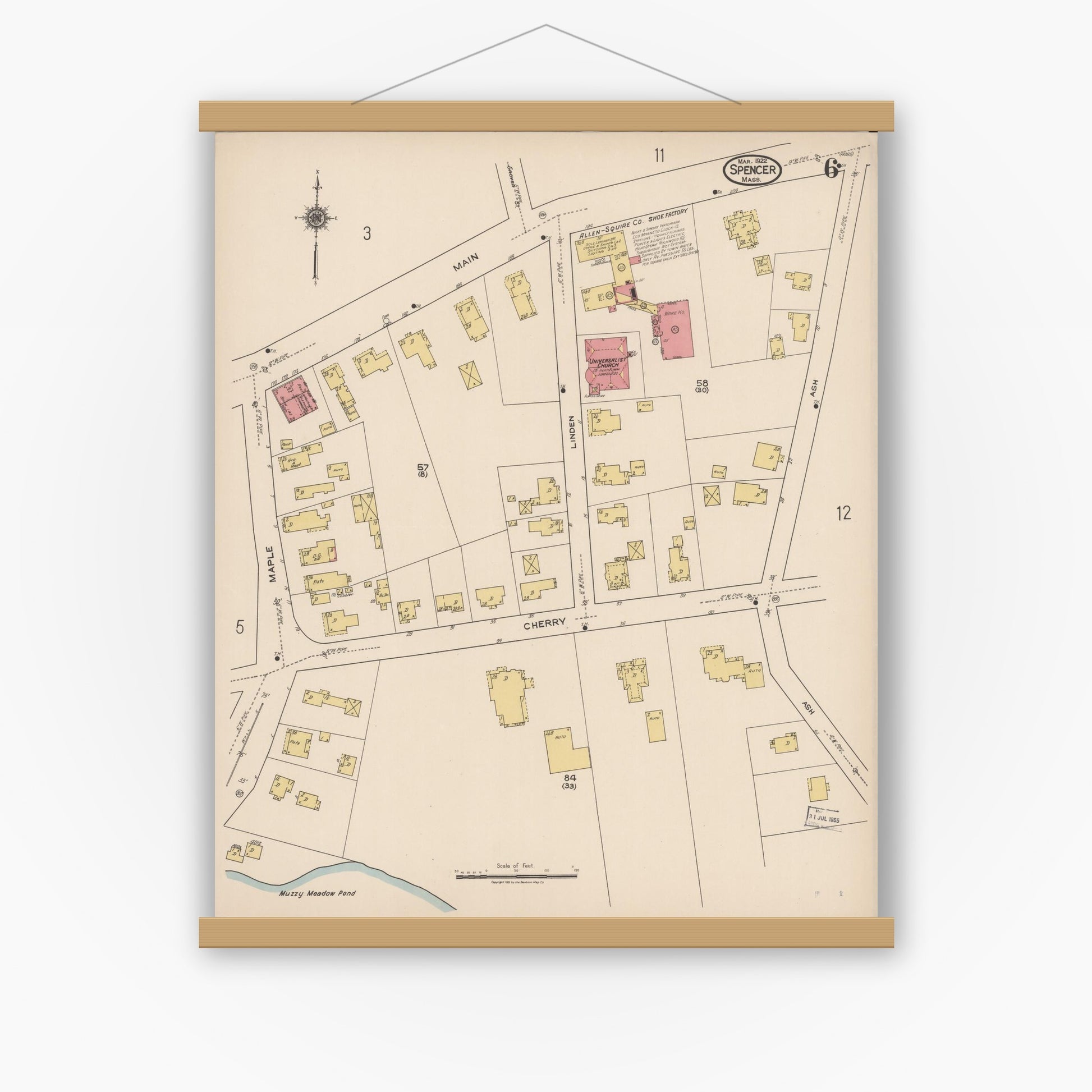 Old map wall art mockup — magnetic wood frame on white wall — Sanborn Fire Insurance Map from Spencer, Worcester County, Massachusetts (1922), Sheet #0006