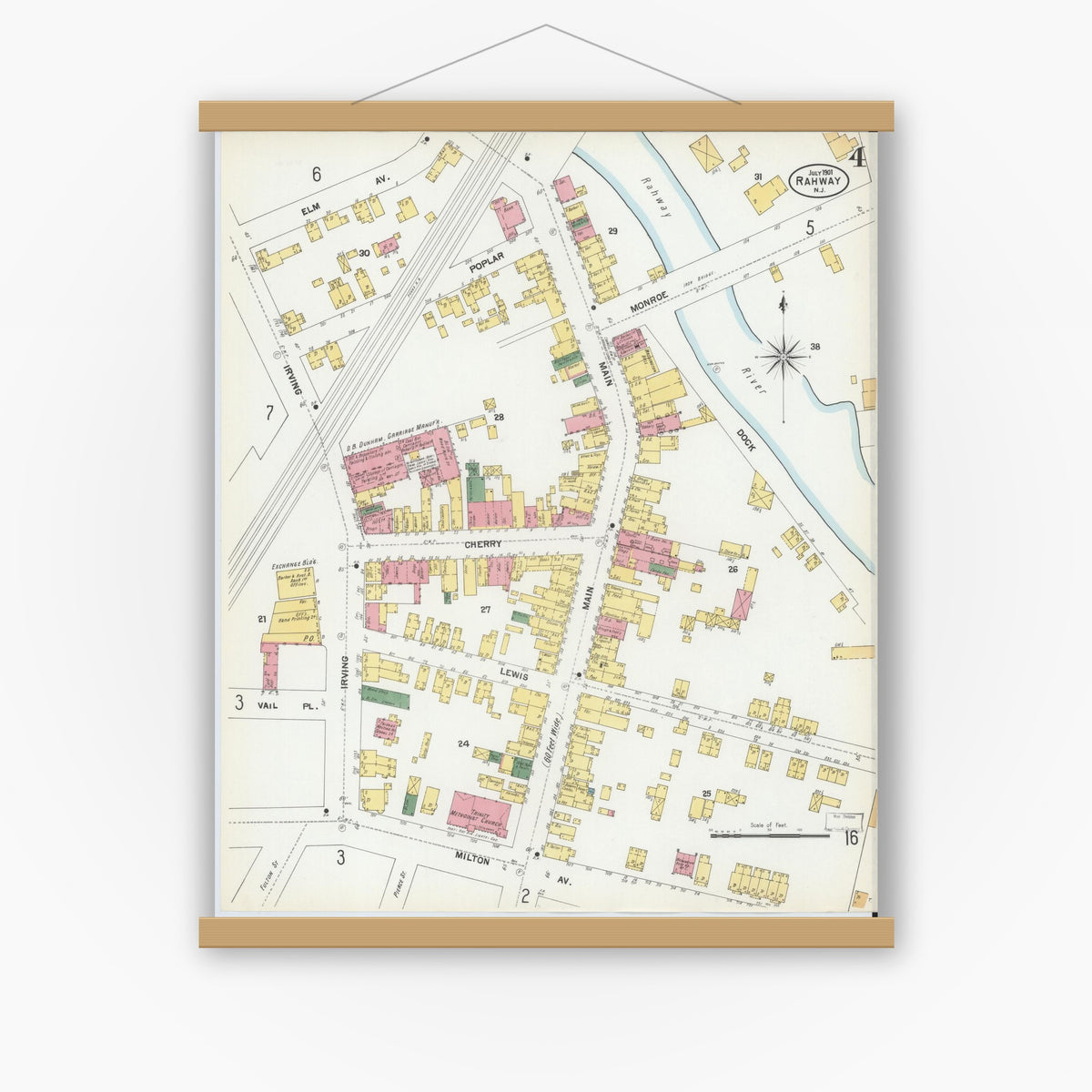 Old map wall art mockup — magnetic wood frame on white wall — Sanborn Fire Insurance Map from Rahway, Union County, New Jersey (1901), Sheet #0004