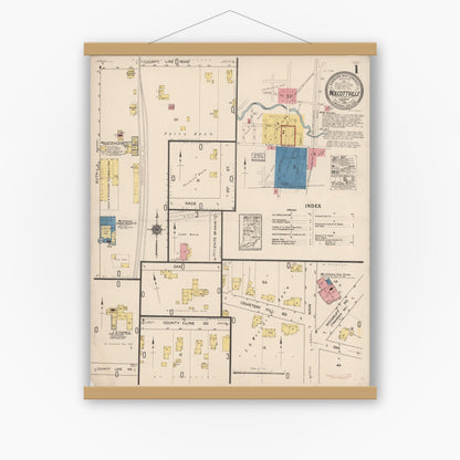 Old map wall art mockup — magnetic wood frame on white wall — Sanborn Fire Insurance Map from Wolcottville, Noble And LaGrange Counties, Indiana (1922), Sheet #0001