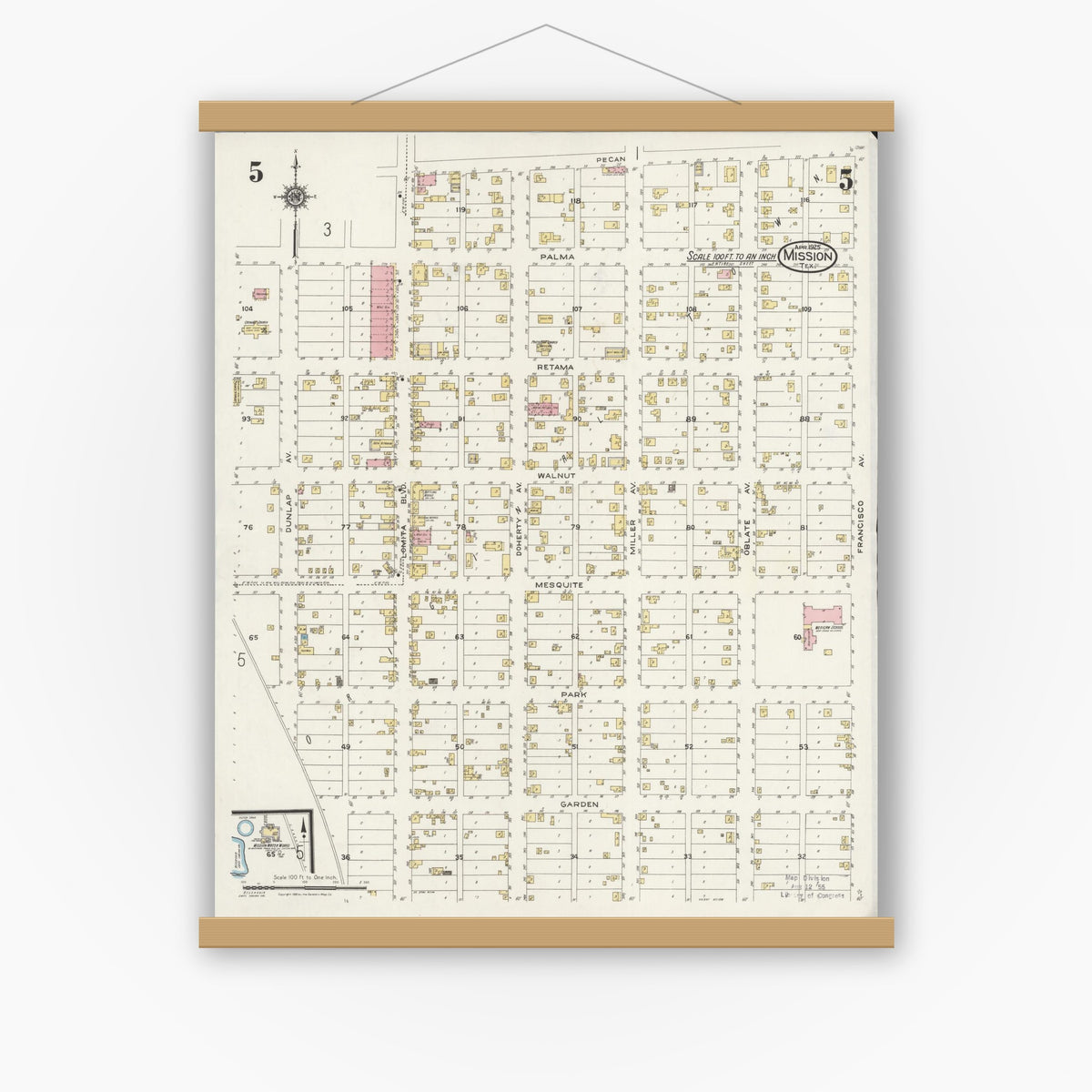 Old map wall art mockup — magnetic wood frame on white wall — Sanborn Fire Insurance Map from Mission, Hidalgo County, Texas (1925), Sheet #0005