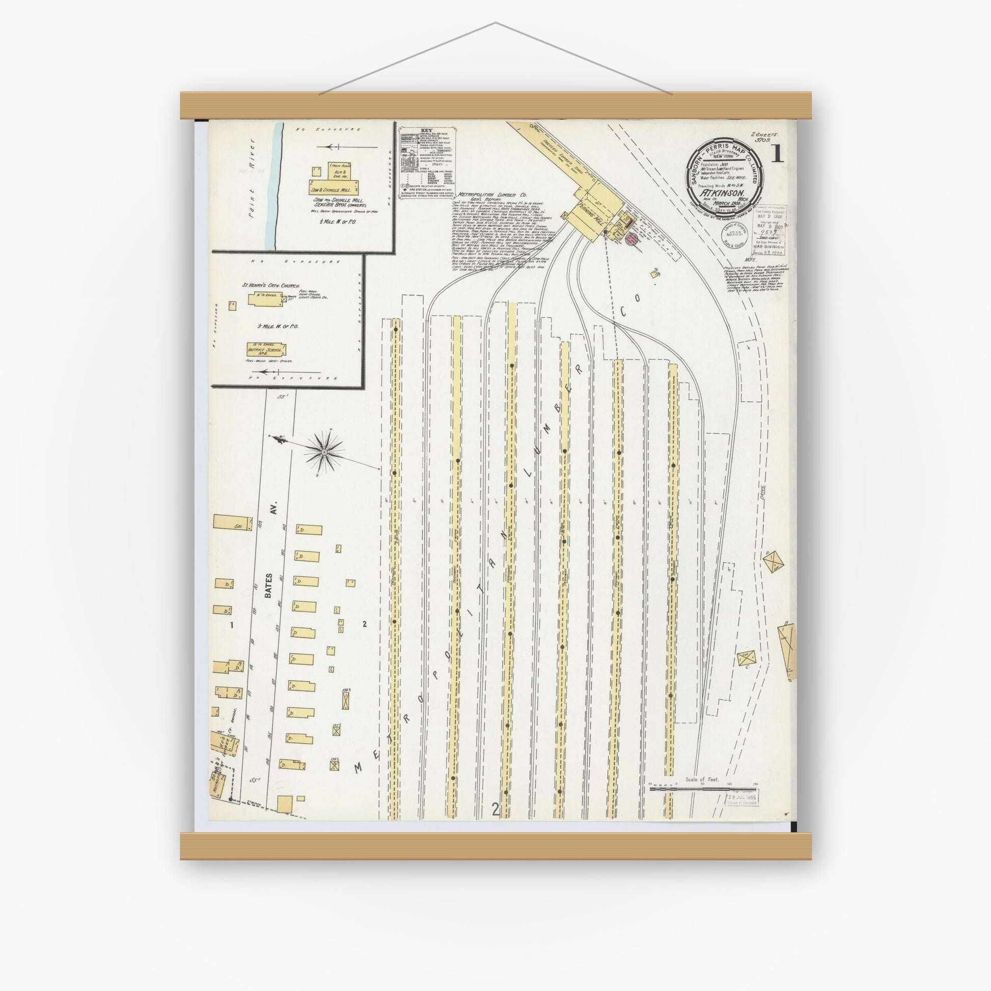 Old map wall art mockup — magnetic wood frame on white wall — Sanborn Fire Insurance Map from Atkinson, Iron County, Michigan (1900), Sheet #0001
