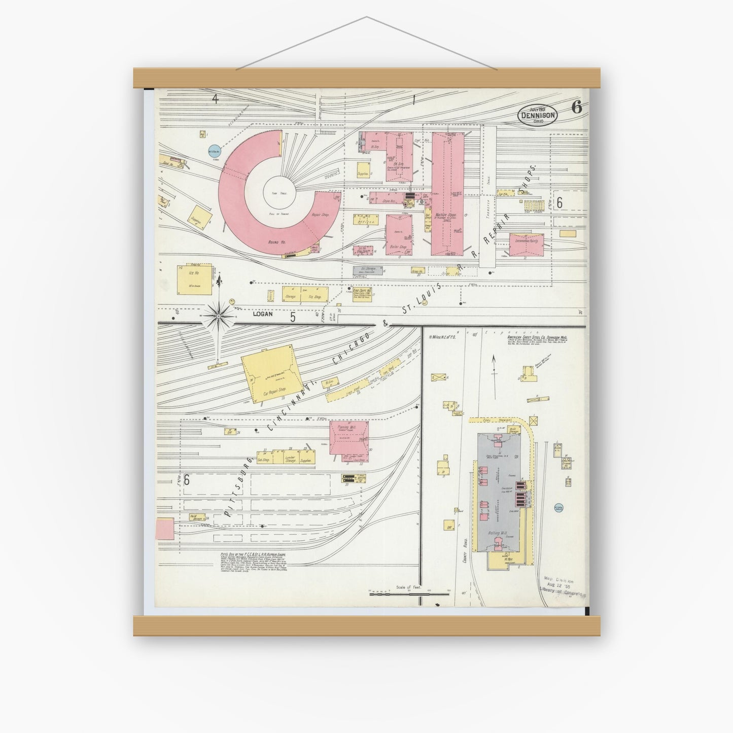 Old map wall art mockup — magnetic wood frame on white wall — Sanborn Fire Insurance Map from Dennison, Tuscarawas County, Ohio (1901), Sheet #0006