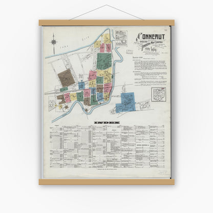 Old map wall art mockup — magnetic wood frame on white wall — Sanborn Fire Insurance Map from Conneaut, Ashtabula County, Ohio (1919) - Complete Map Set