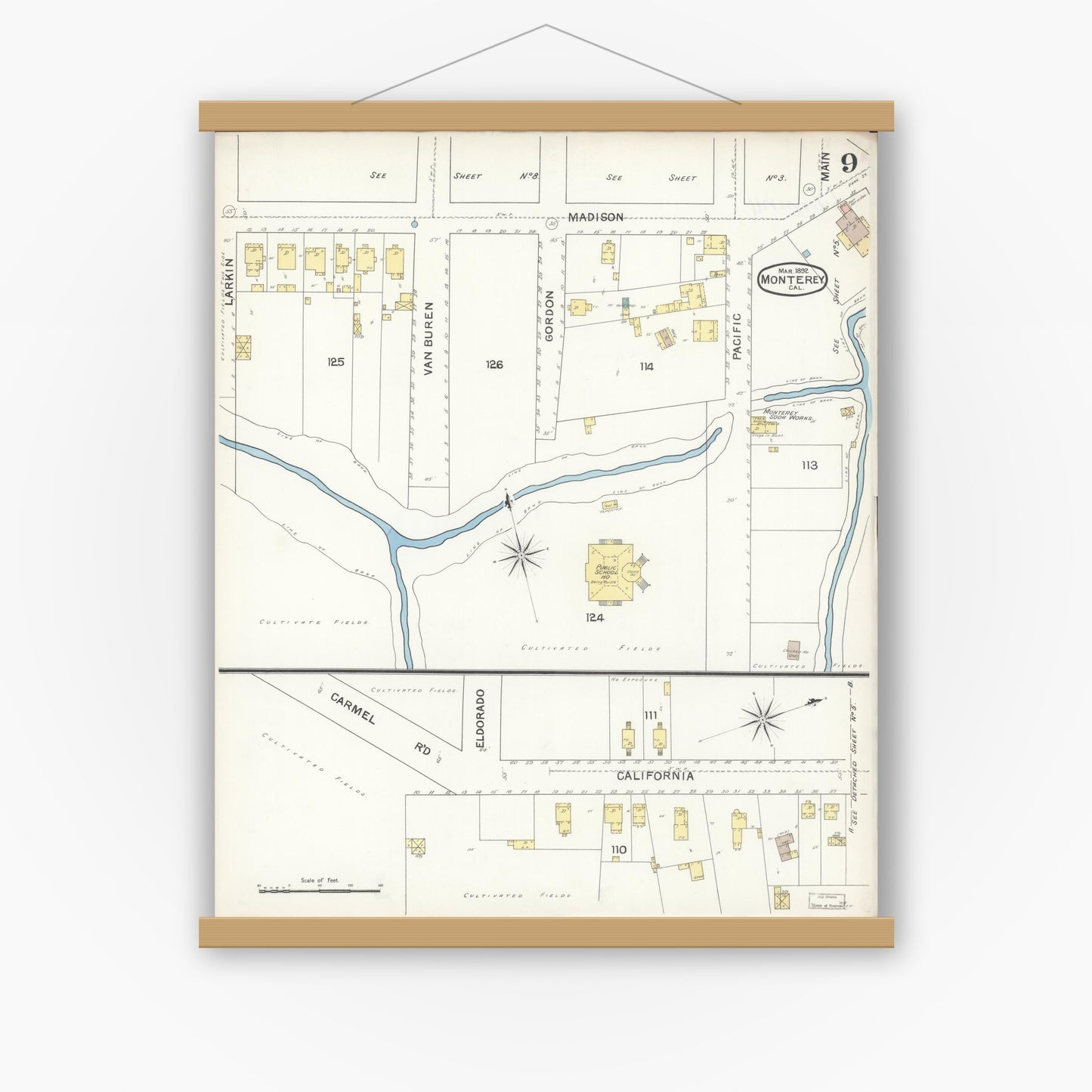Old map wall art mockup — magnetic wood frame on white wall — Sanborn Fire Insurance Map from Monterey, Monterey County, California (1892), Sheet #0009