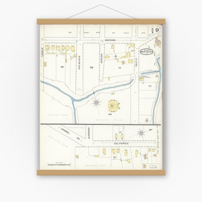 Old map wall art mockup — magnetic wood frame on white wall — Sanborn Fire Insurance Map from Monterey, Monterey County, California (1892), Sheet #0009