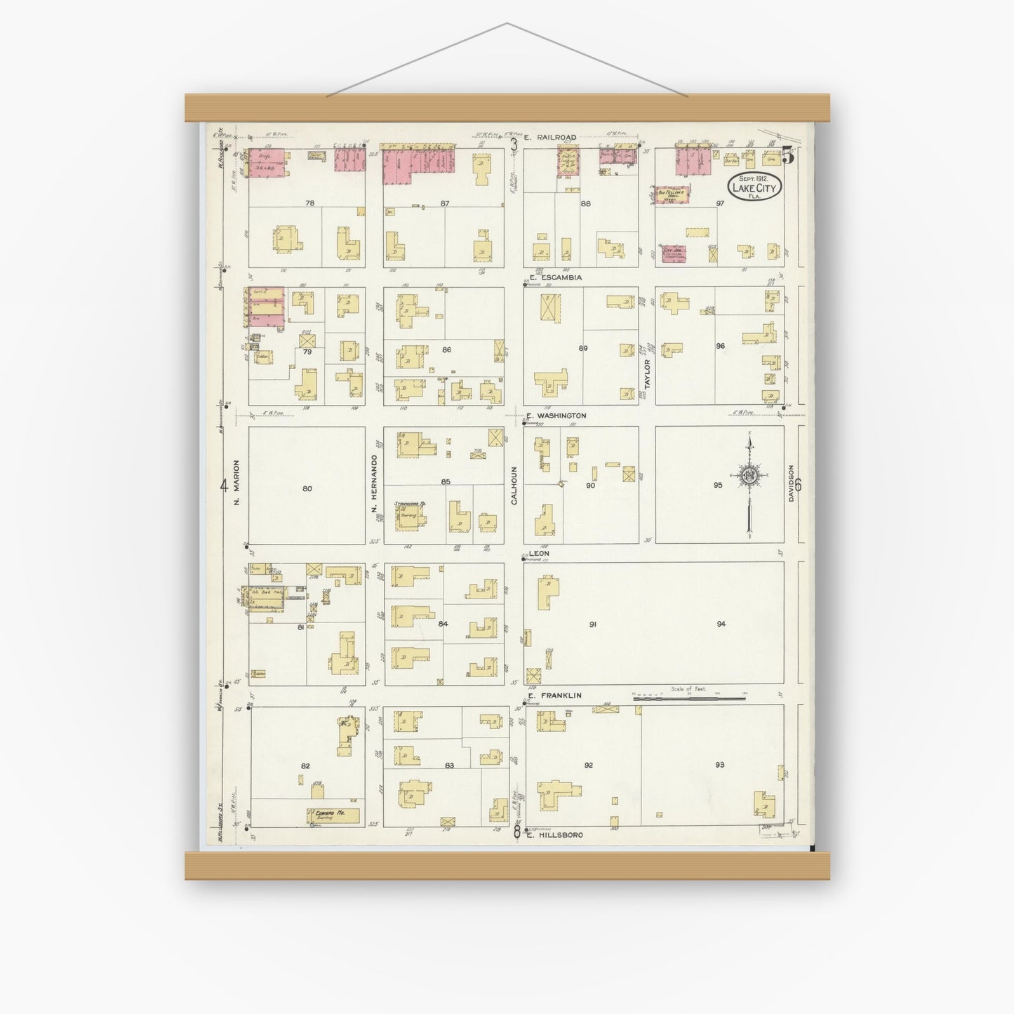 Old map wall art mockup — magnetic wood frame on white wall — Sanborn Fire Insurance Map from Lake City, Columbia County, Florida (1912), Sheet #0005
