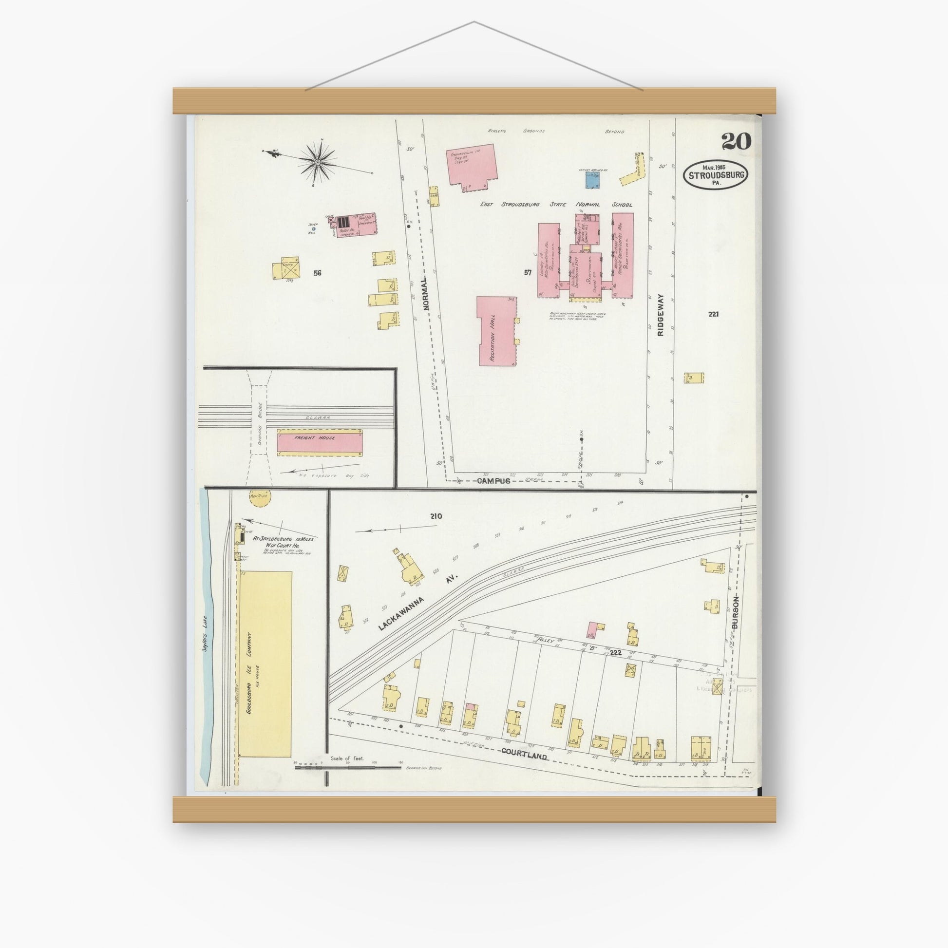 Old map wall art mockup — magnetic wood frame on white wall — Sanborn Fire Insurance Map from Stroudsburg, Monroe County, Pennsylvania (1905), Sheet #0020