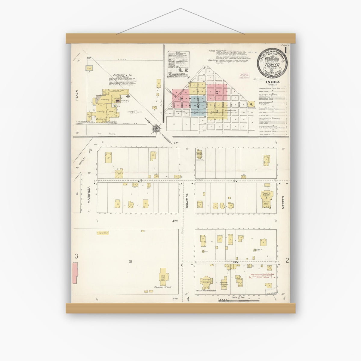 Old map wall art mockup — magnetic wood frame on white wall — Sanborn Fire Insurance Map from Fowler, Fresno County, California (1911) - Complete Map Set