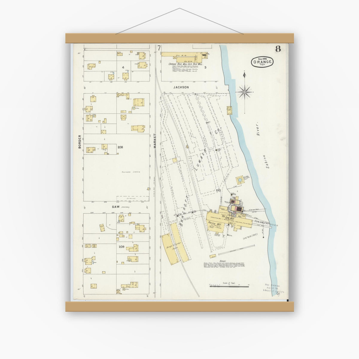 Old map wall art mockup — magnetic wood frame on white wall — Sanborn Fire Insurance Map from Orange, Orange County, Texas (1896), Sheet #0008