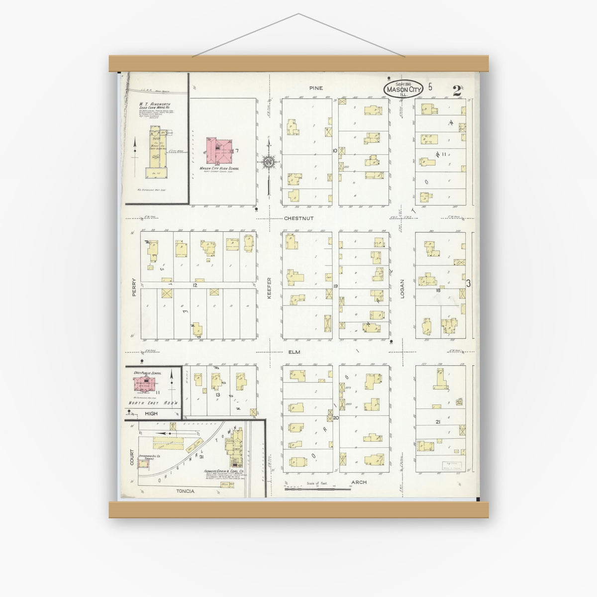 Old map wall art mockup — magnetic wood frame on white wall — Sanborn Fire Insurance Map from Mason City, Mason County, Illinois (1914), Sheet #0002