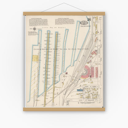 Old map wall art mockup — magnetic wood frame on white wall — Sanborn Fire Insurance Map from Escanaba, Delta County, Michigan (1921), Sheet #0026