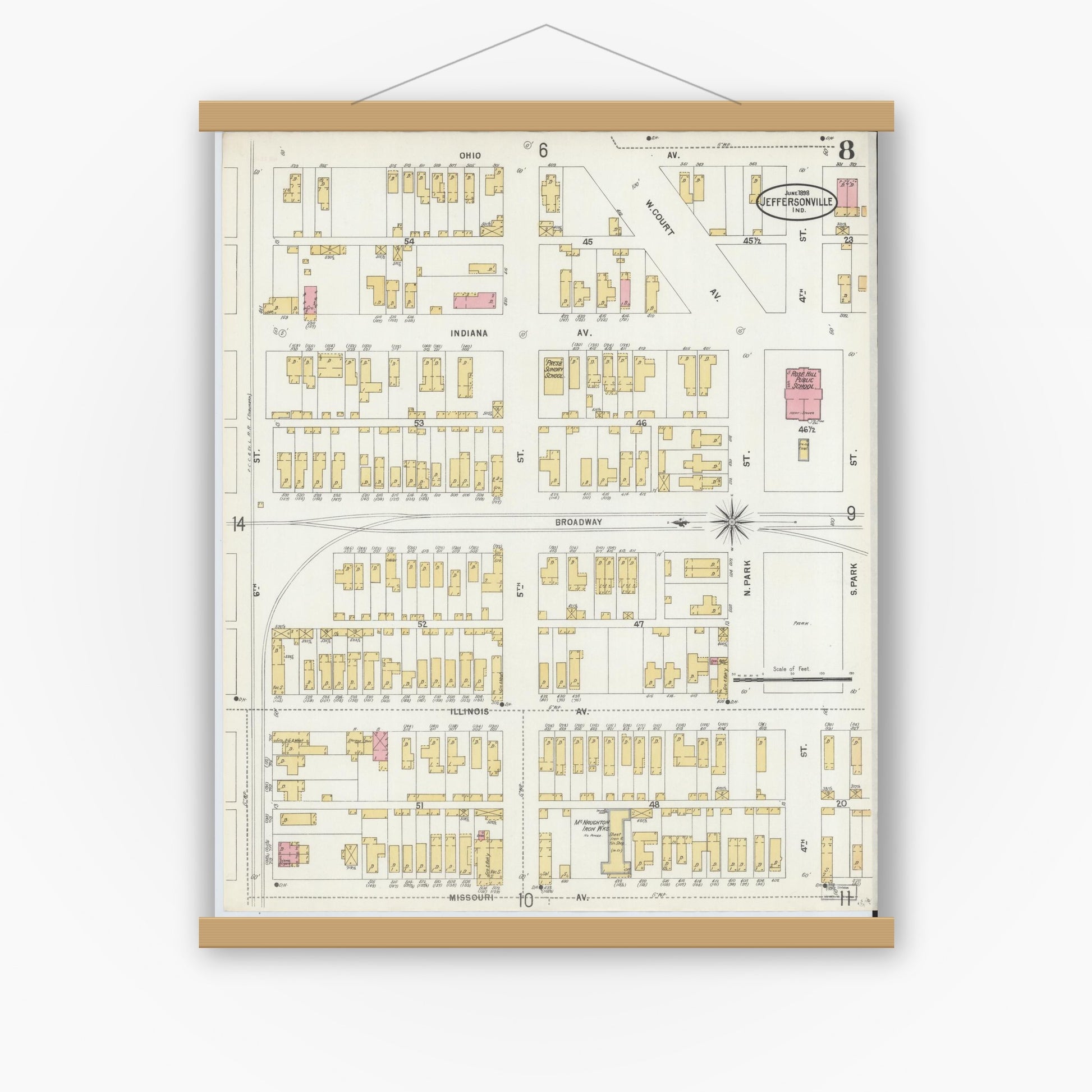 Old map wall art mockup — magnetic wood frame on white wall — Sanborn Fire Insurance Map from Jeffersonville, Clark County, Indiana (1898), Sheet #0008