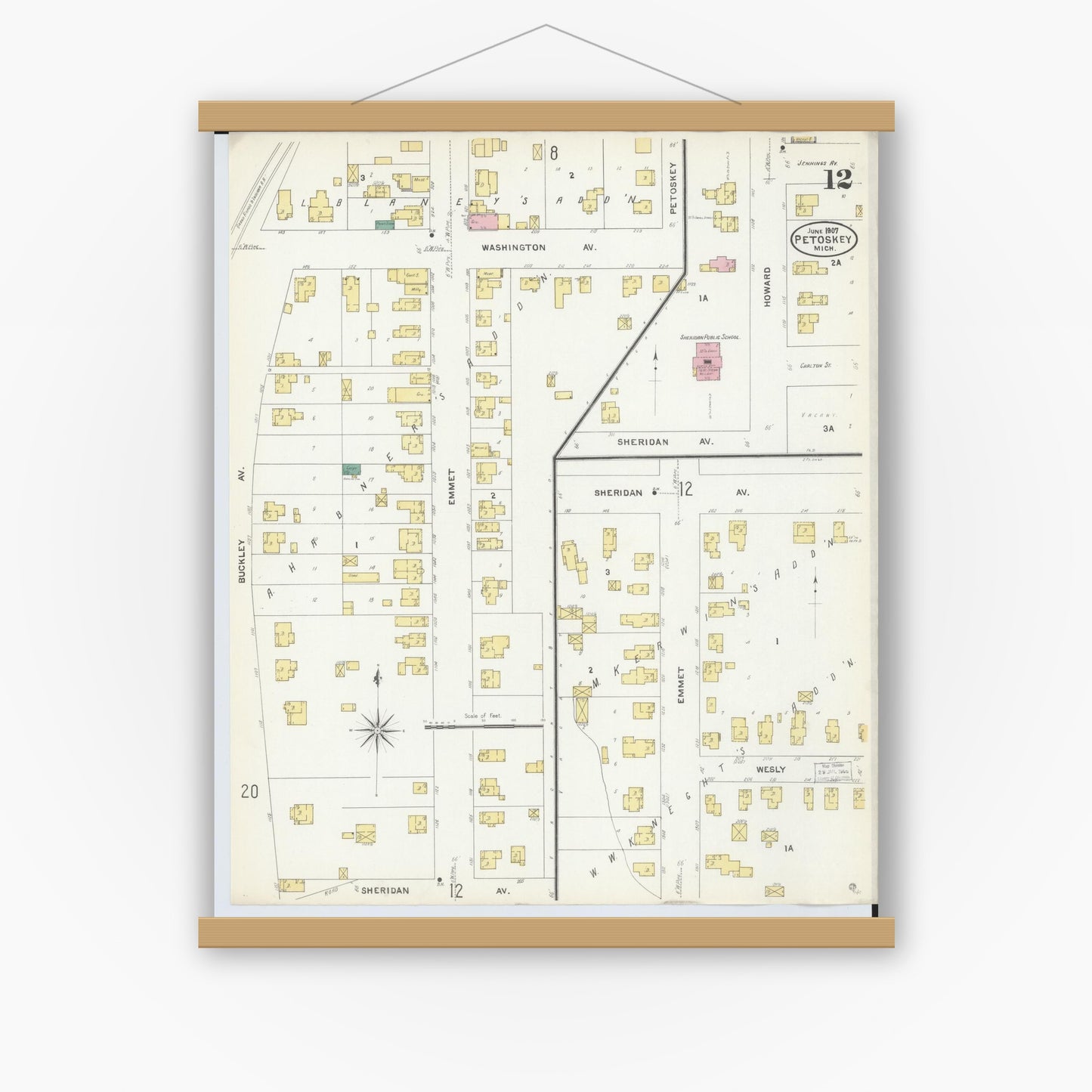 Old map wall art mockup — magnetic wood frame on white wall — Sanborn Fire Insurance Map from Petoskey, Emmet County, Michigan (1907), Sheet #0012