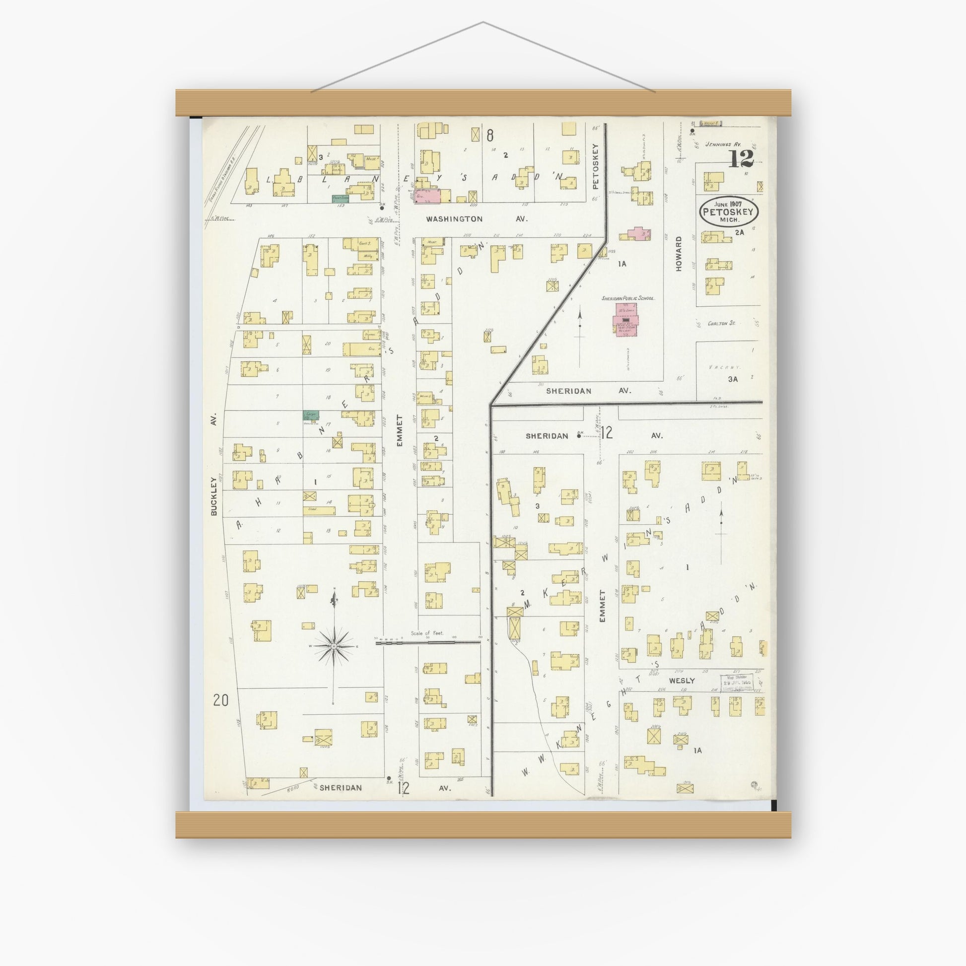 Old map wall art mockup — magnetic wood frame on white wall — Sanborn Fire Insurance Map from Petoskey, Emmet County, Michigan (1907), Sheet #0012