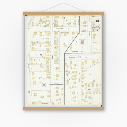 Old map wall art mockup — magnetic wood frame on white wall — Sanborn Fire Insurance Map from Petoskey, Emmet County, Michigan (1907), Sheet #0012