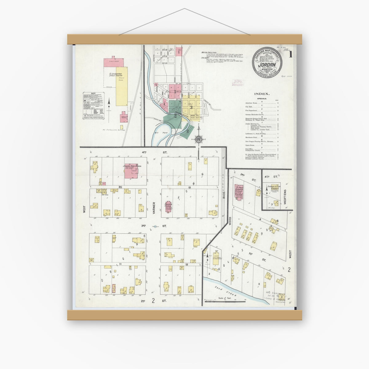 Old map wall art mockup — magnetic wood frame on white wall — Sanborn Fire Insurance Map from Jordan, Scott County, Minnesota (1911) - Complete Map Set