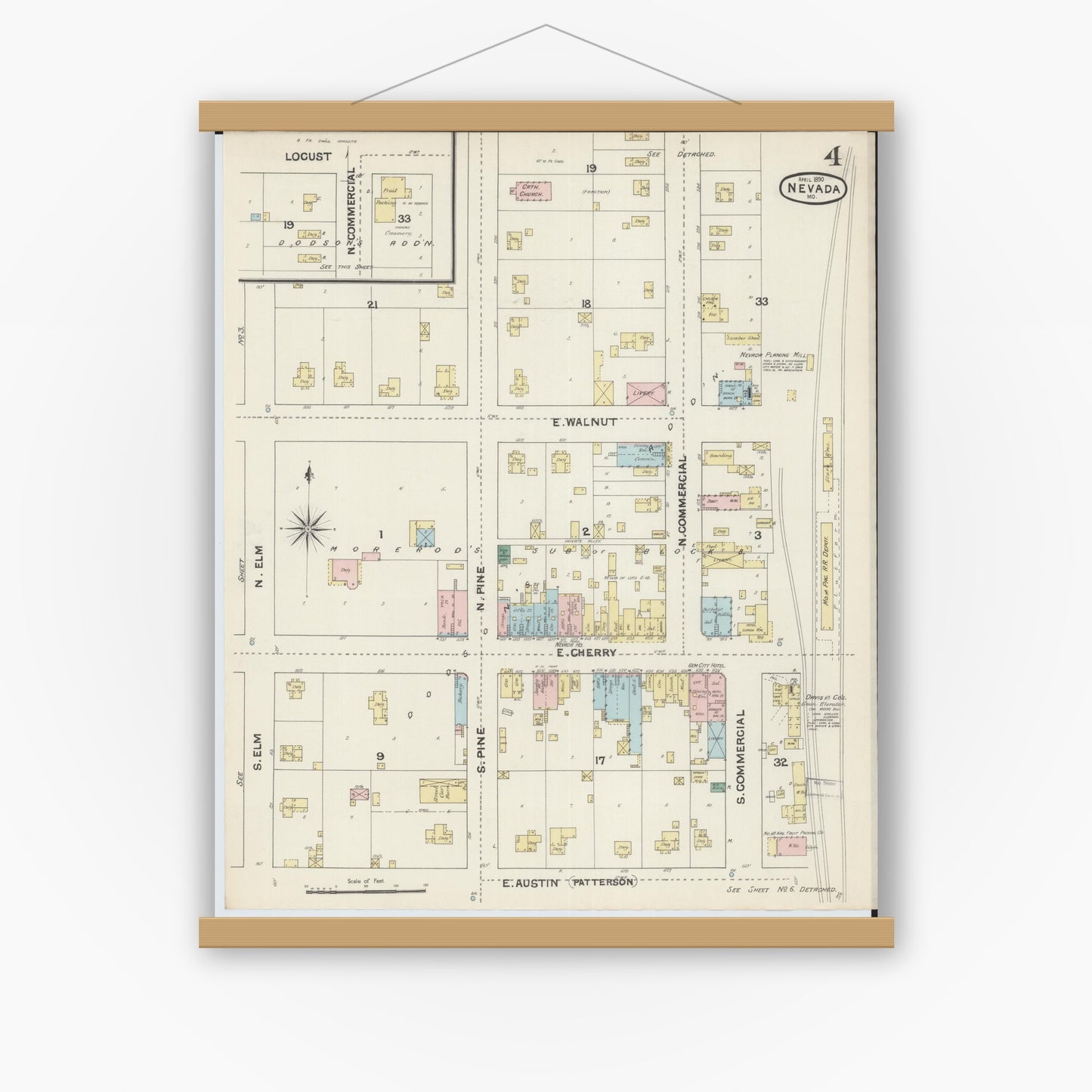 Old map wall art mockup — magnetic wood frame on white wall — Sanborn Fire Insurance Map from Nevada, Vernon County, Missouri (1890), Sheet #0004