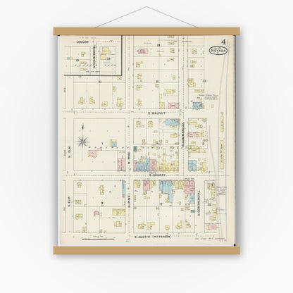Old map wall art mockup — magnetic wood frame on white wall — Sanborn Fire Insurance Map from Nevada, Vernon County, Missouri (1890), Sheet #0004
