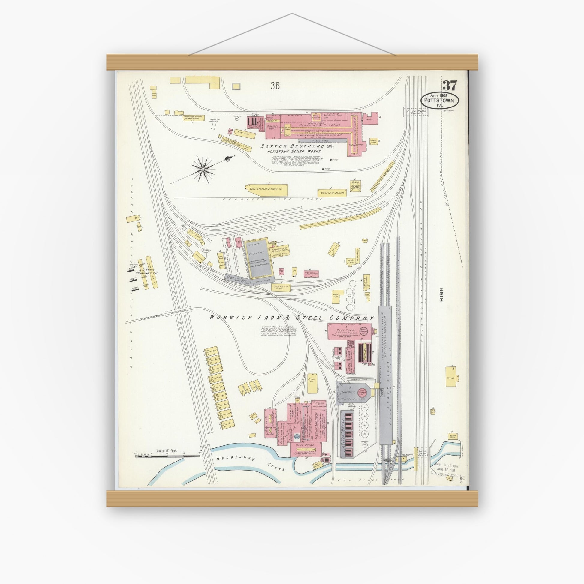Old map wall art mockup — magnetic wood frame on white wall — Sanborn Fire Insurance Map from Pottstown, Montgomery County, Pennsylvania (1909), Sheet #0037