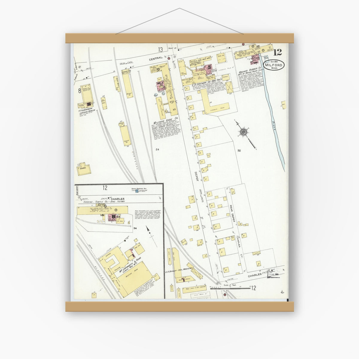 Old map wall art mockup — magnetic wood frame on white wall — Sanborn Fire Insurance Map from Milford, Worcester County, Massachusetts (1910), Sheet #0012