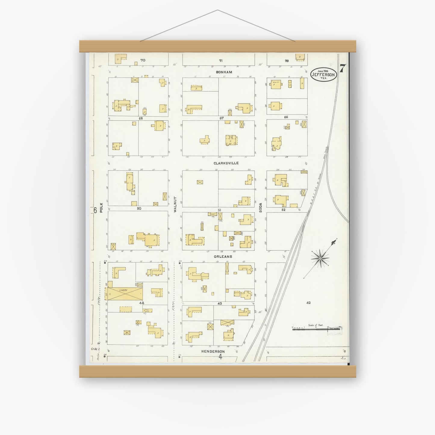 Old map wall art mockup — magnetic wood frame on white wall — Sanborn Fire Insurance Map from Jefferson, Marion County, Texas (1906), Sheet #0007