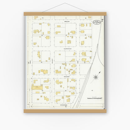 Old map wall art mockup — magnetic wood frame on white wall — Sanborn Fire Insurance Map from Jefferson, Marion County, Texas (1906), Sheet #0007