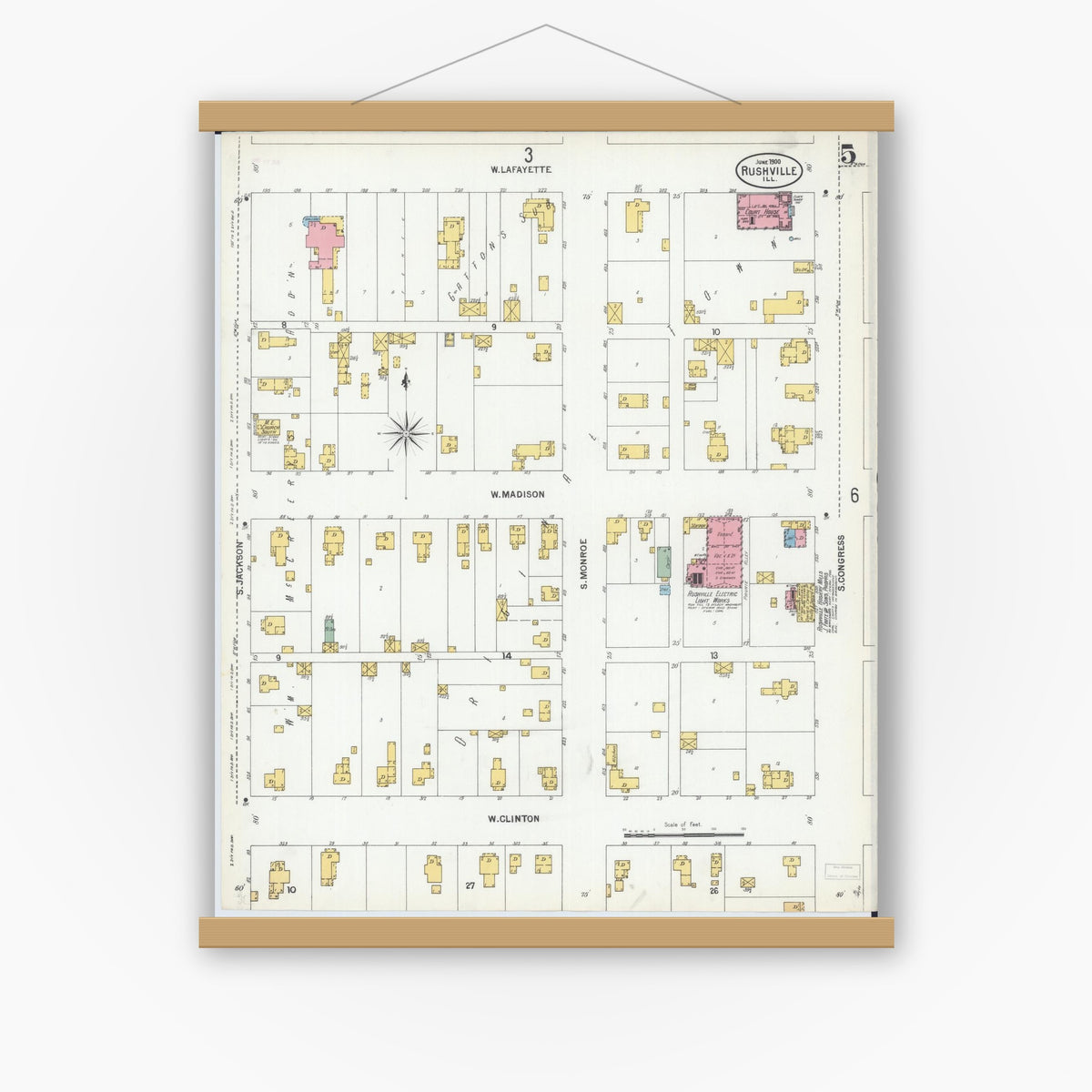 Old map wall art mockup — magnetic wood frame on white wall — Sanborn Fire Insurance Map from Rushville, Schuyler County, Illinois (1900), Sheet #0005