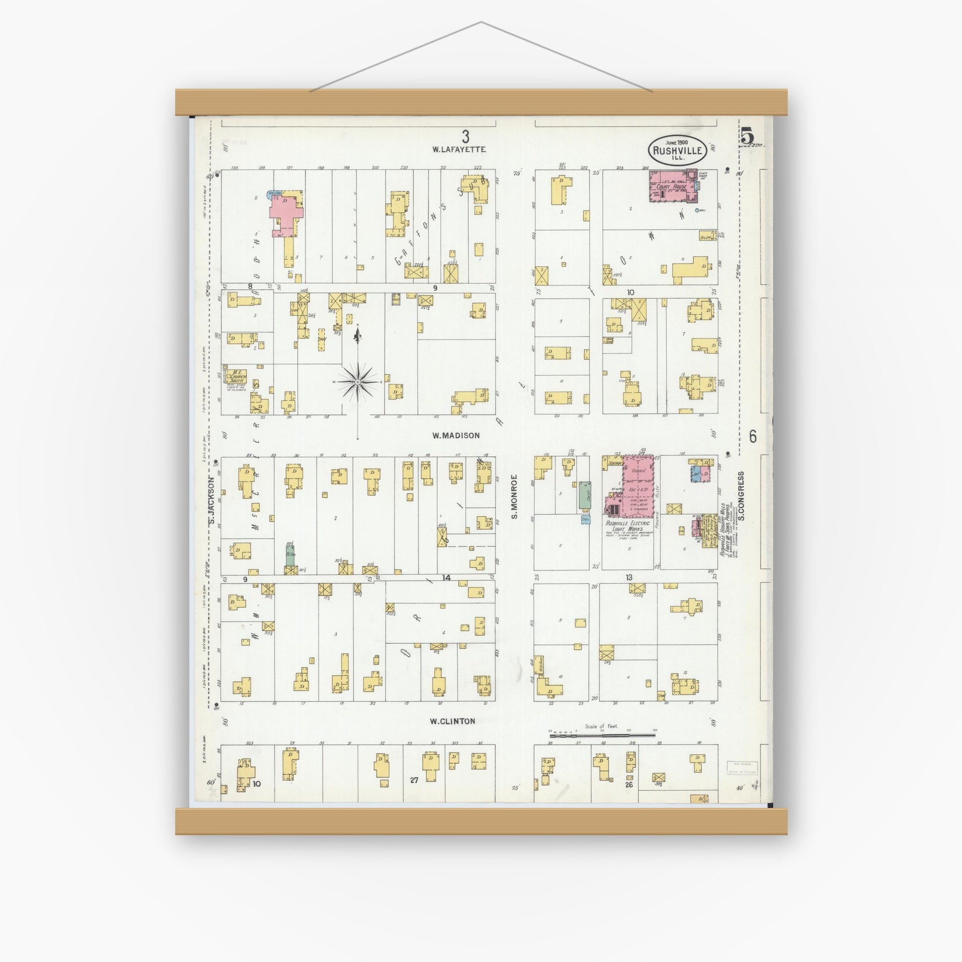 Old map wall art mockup — magnetic wood frame on white wall — Sanborn Fire Insurance Map from Rushville, Schuyler County, Illinois (1900), Sheet #0005