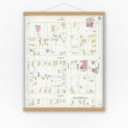 Old map wall art mockup — magnetic wood frame on white wall — Sanborn Fire Insurance Map from Rushville, Schuyler County, Illinois (1900), Sheet #0005