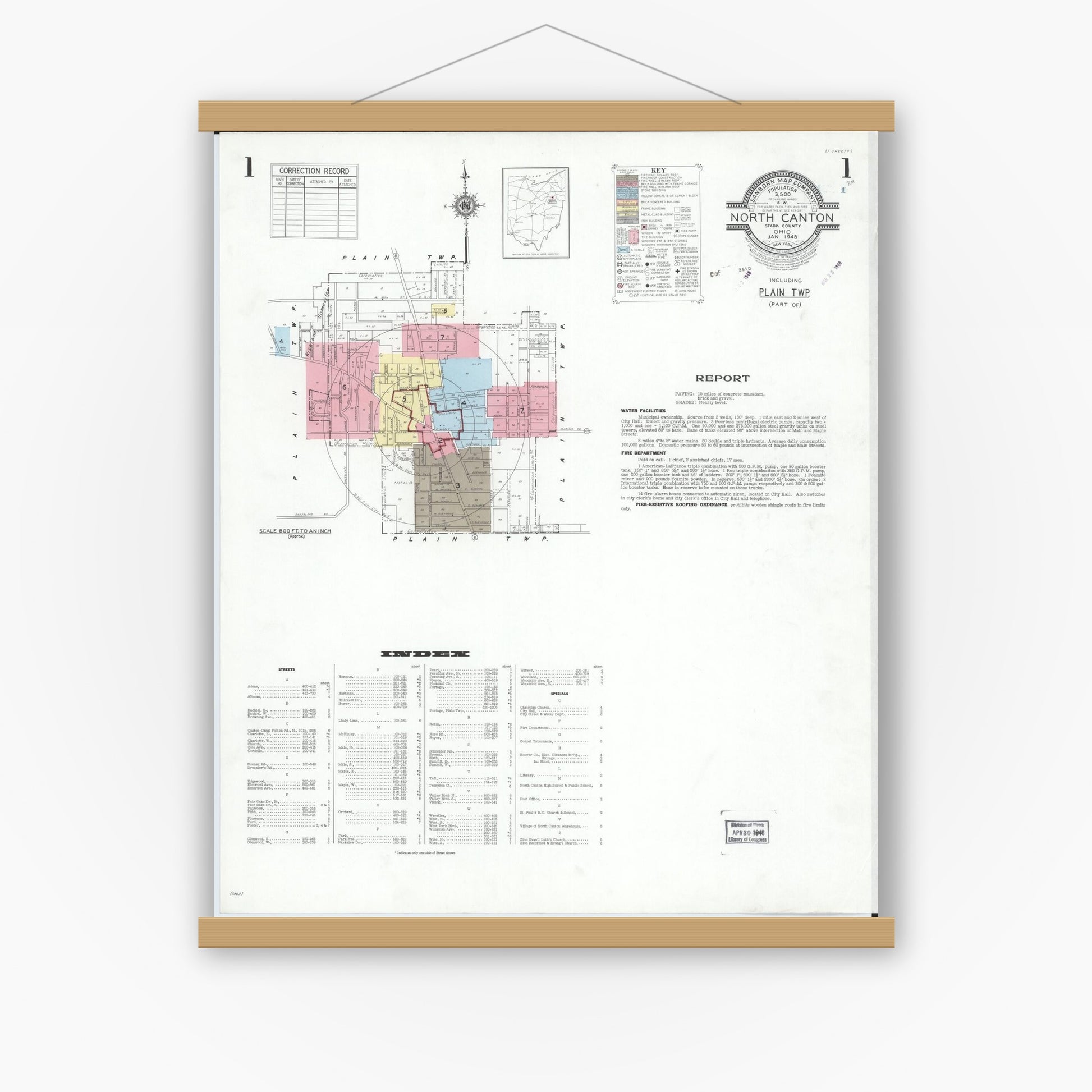 Old map wall art mockup — magnetic wood frame on white wall — Sanborn Fire Insurance Map from North Canton, Stark County, Ohio (1948), Sheet #0001