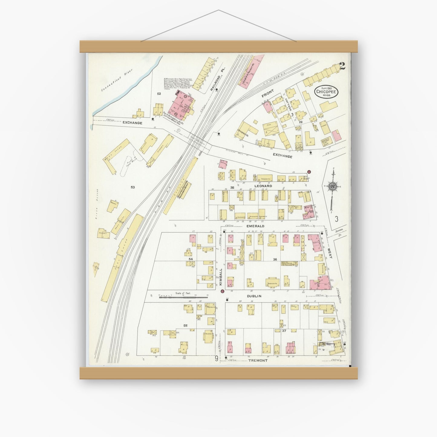 Old map wall art mockup — magnetic wood frame on white wall — Sanborn Fire Insurance Map from Chicopee, Hampden County, Massachusetts (1910), Sheet #0002