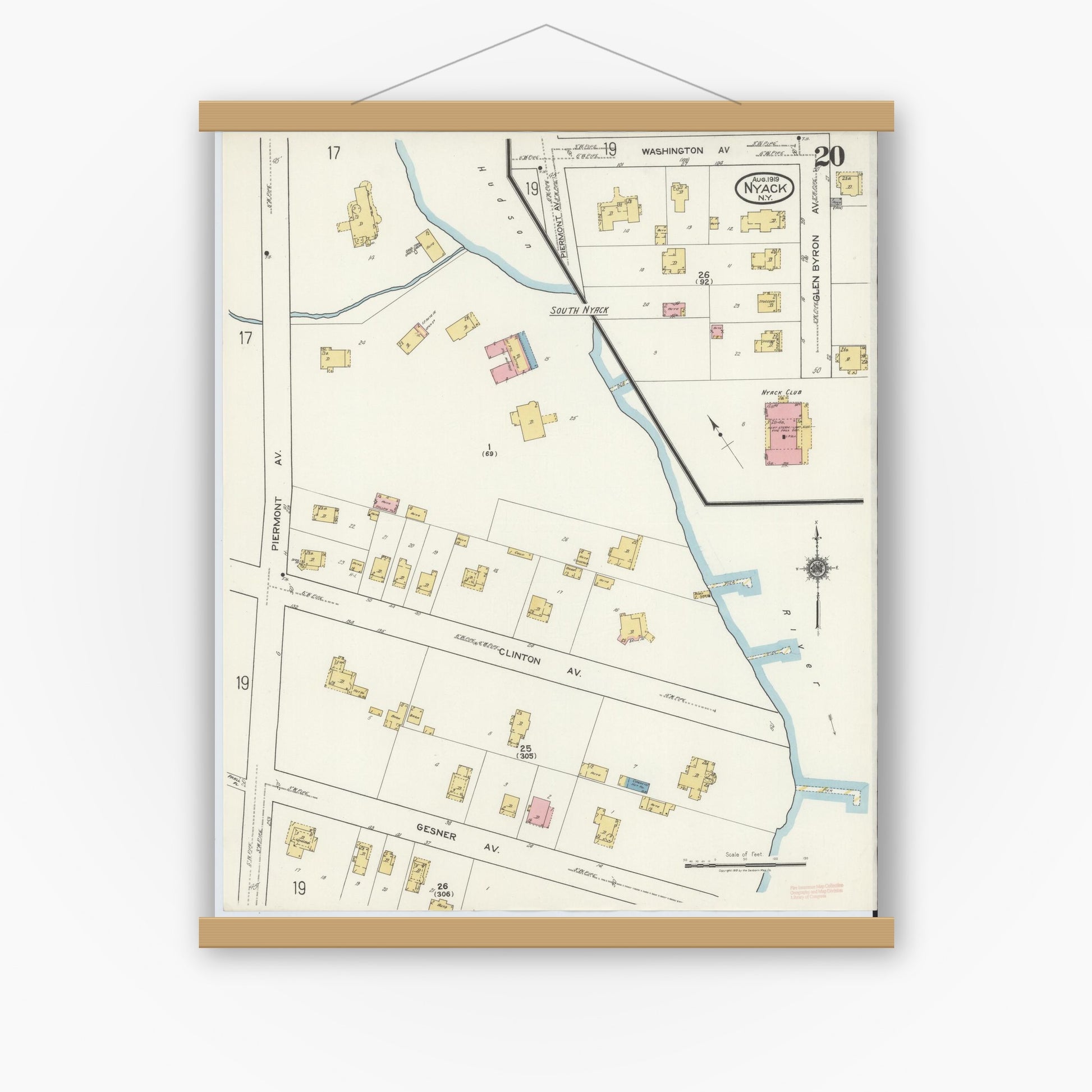 Old map wall art mockup — magnetic wood frame on white wall — Sanborn Fire Insurance Map from Nyack, Rockland County, New York. (1919), Sheet #0020