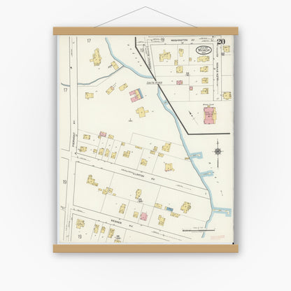 Old map wall art mockup — magnetic wood frame on white wall — Sanborn Fire Insurance Map from Nyack, Rockland County, New York. (1919), Sheet #0020