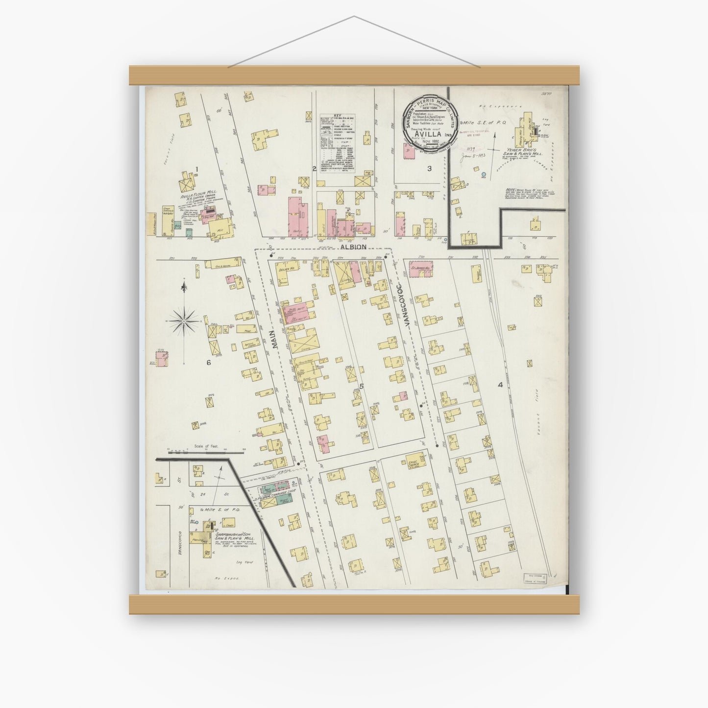 Old map wall art mockup — magnetic wood frame on white wall — Sanborn Fire Insurance Map from Avilla, Noble County, Indiana (1892), Sheet #0001