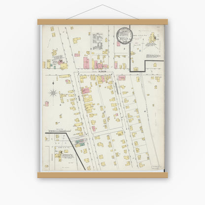 Old map wall art mockup — magnetic wood frame on white wall — Sanborn Fire Insurance Map from Avilla, Noble County, Indiana (1892), Sheet #0001