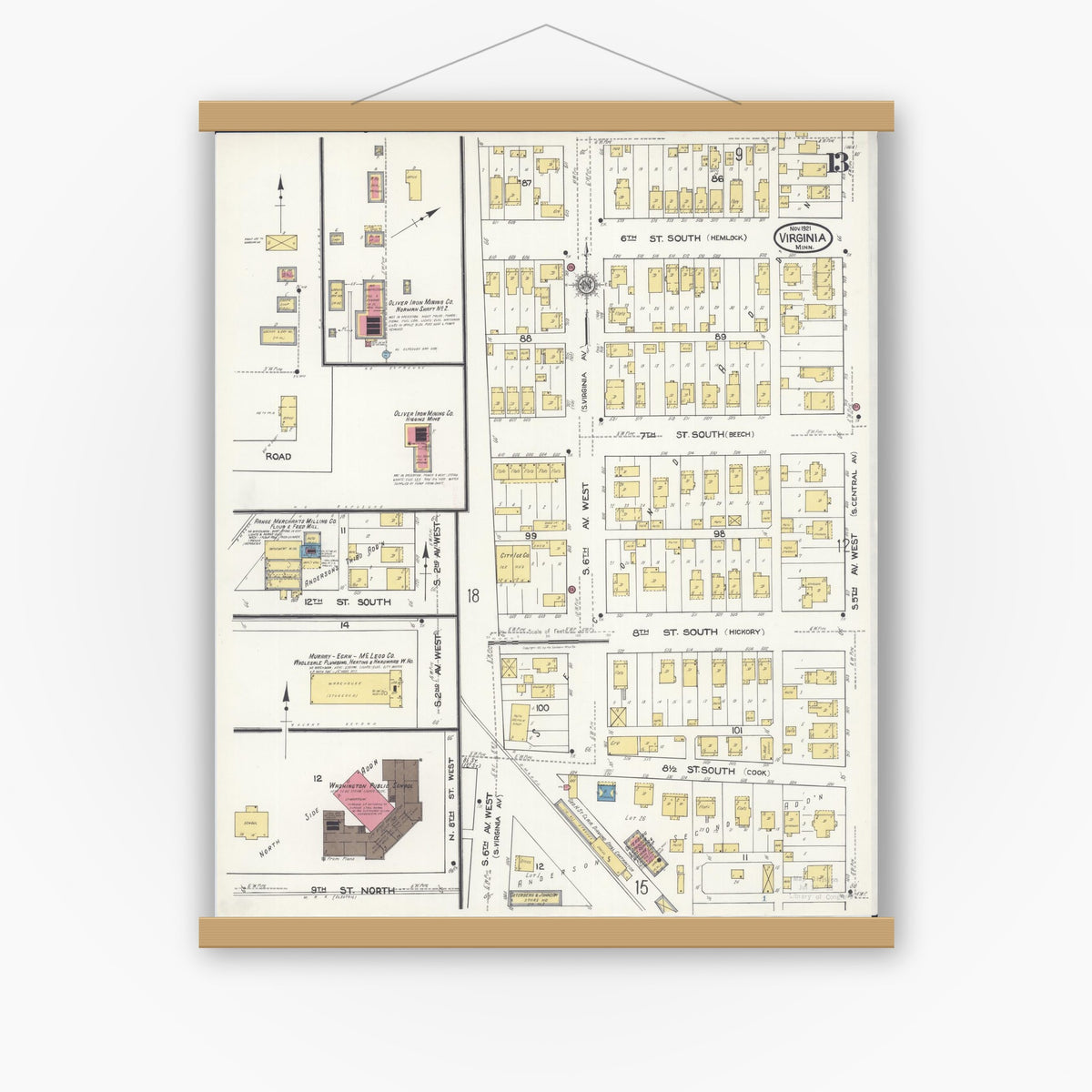 Old map wall art mockup — magnetic wood frame on white wall — Sanborn Fire Insurance Map from Virginia, Saint Louis County, Minnesota (1921), Sheet #0013