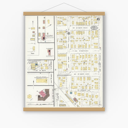 Old map wall art mockup — magnetic wood frame on white wall — Sanborn Fire Insurance Map from Virginia, Saint Louis County, Minnesota (1921), Sheet #0013